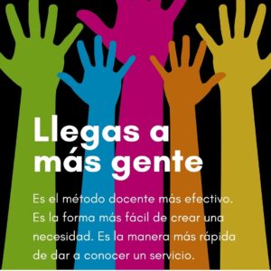 Fondo negro y manos de colores. Con un mensaje: Llegas a más gente